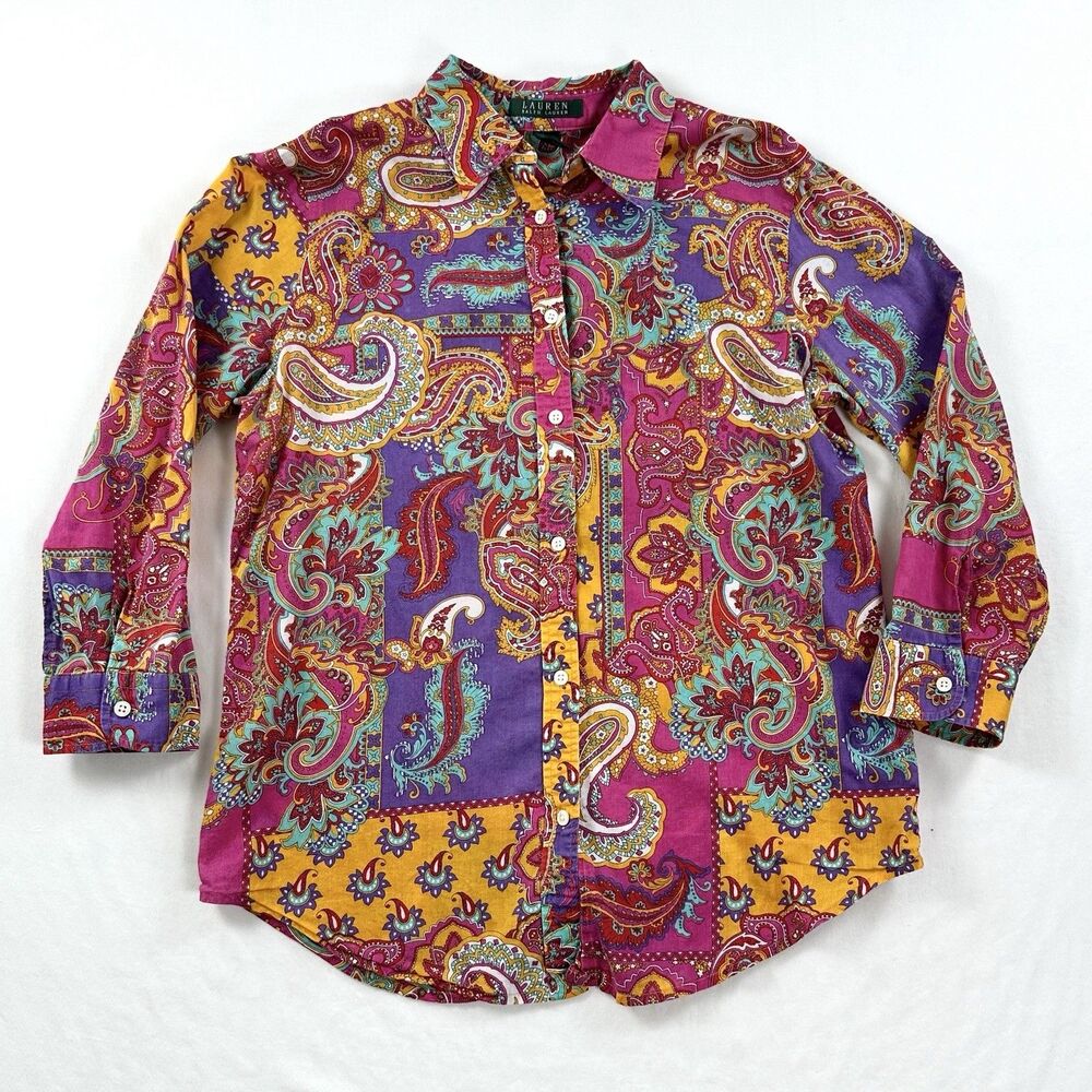 Lauren Ralph Lauren Button up Top Womens Small Paisley Lightweight Cotton Top